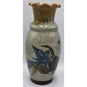 Tonala Bud‎ Vase Handpainted Mexican Folk Art Pottery Bluebird Redbird 11"